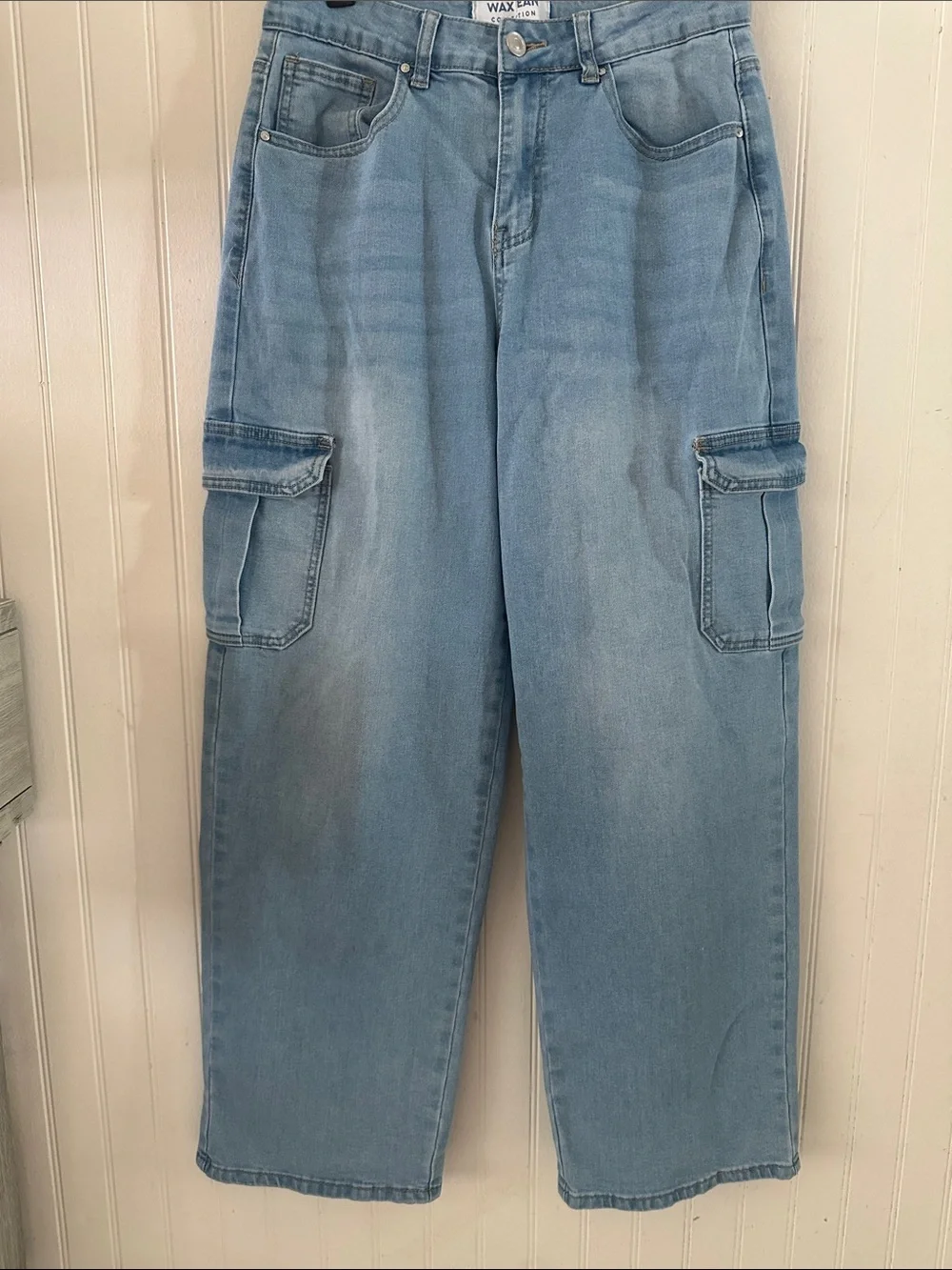 Wax Jean Wide Leg Cargo Jeans in Faded Blue sz 5/27